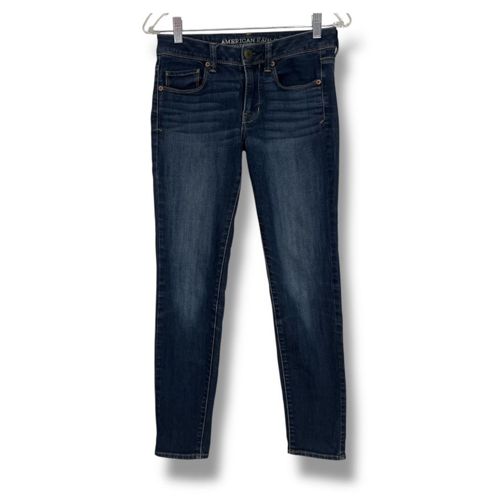 American Eagle Blue Jeans Super Skinny Stretch Denim AEO Dark Wash Low Rise Sz 2